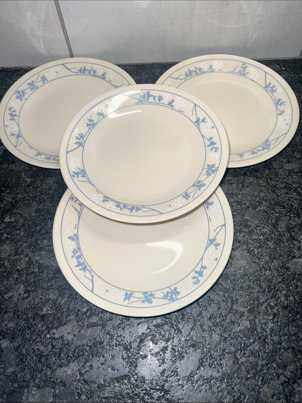 CORELLE FIRST OF SPRING salad or dessert plates. Blue & White floral vine border